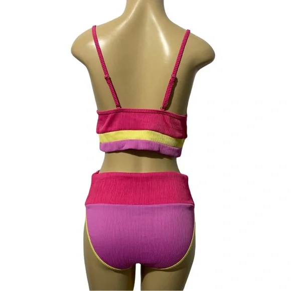 Two Piece Ribbed Adjustable Padded Pink Purple Yellow High-Waist Bikini Set - Picture 3 of 10